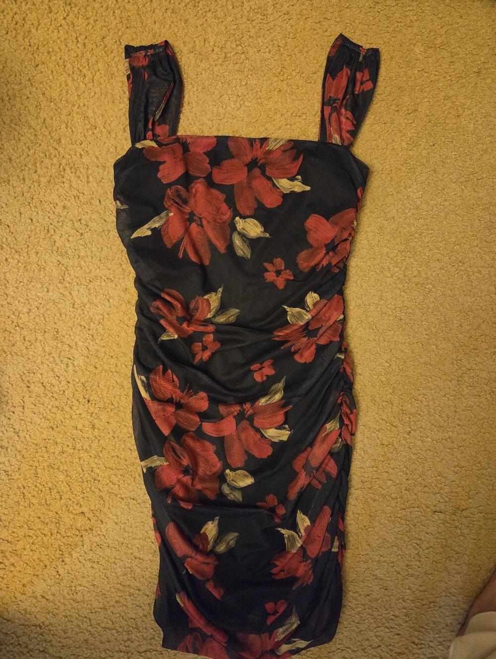 Black Floral Ruched Bodycon Dress with Red Blooms